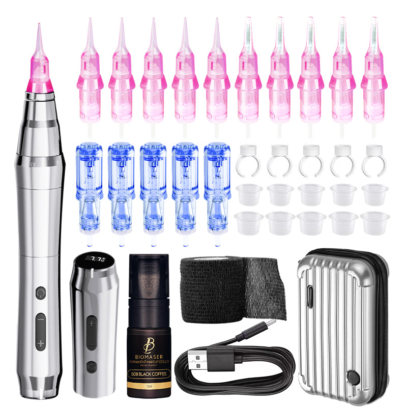 Biomaser TP010 Wireless PMU Machine Kit - Dual Battery, Swiss Motor, Silent for Eyebrows & Lips