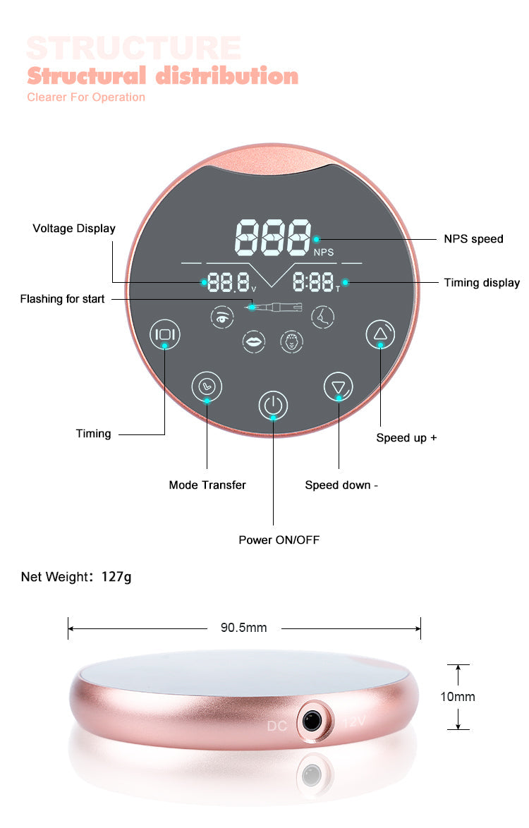 Mini Round Dermografo Micropigmentation Tattoo  Permanent Makeup POWER SUPPLY ONLY P90